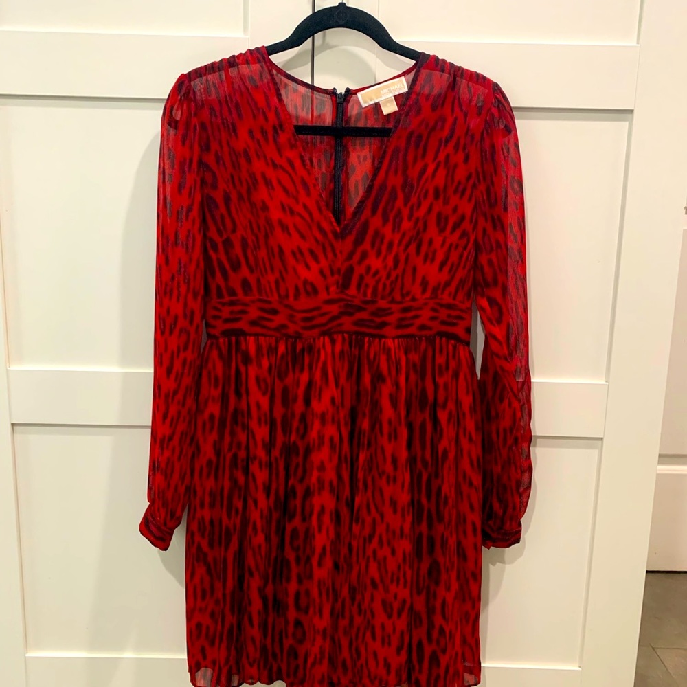 Michael Kors Red Leopard V-neck Long sleeve dress